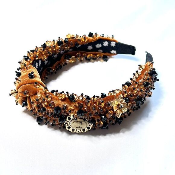 Statement Velvet Rich Amber Beaded Headband w/ Gold Cameo & Gem Embellishment - Picture 2 of 4